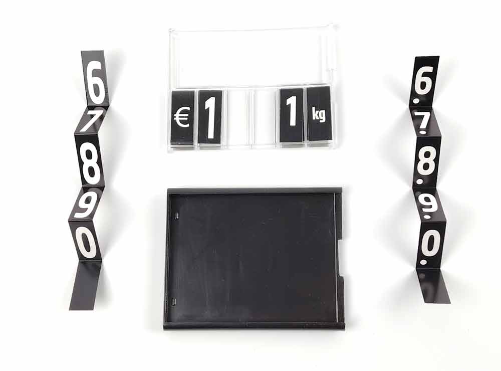 Portaprecios negro con librillos y n&uacute;meros blancos