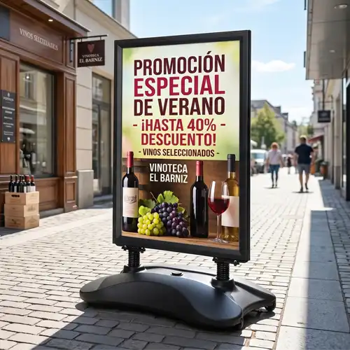 Caballete publicitario exterior antiviento en color negro con base rellenable para agua o arena.