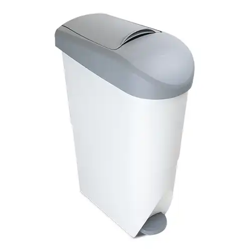 Contenedor higi&eacute;nico femenino con pedal de 18 litros en pl&aacute;stico ABS blanco y gris