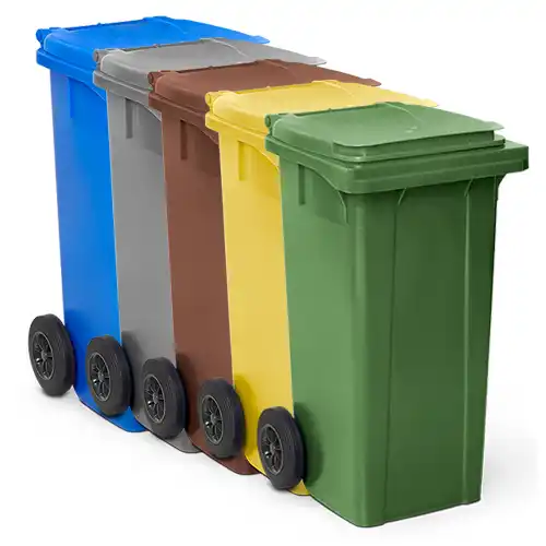 Contenedores de basura de 120 litros en polietileno con ruedas para la recogida selectiva de envases y pl&aacute;sticos en entornos profesionales.