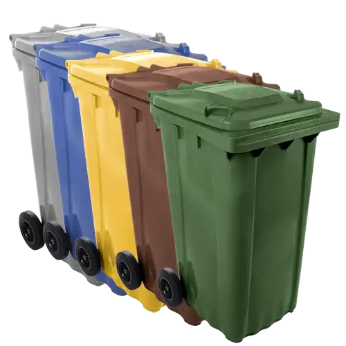 Contenedores de basura profesionales de 240 litros en polietileno con ruedas de transporte para reciclaje de envases y pl&aacute;sticos en entornos B2B.