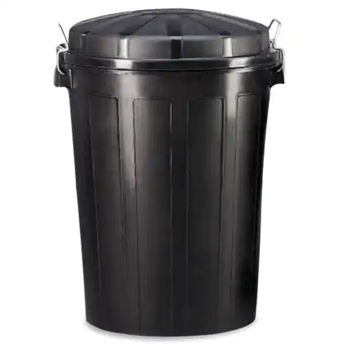 Cubo de basura industrial redondo negro de gran capacidad con tapa y cierres met&aacute;licos