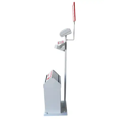 Dispensador blanco para supermercado de bolsas y guantes con papelera basculante