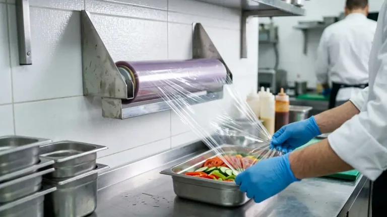Operario manipulando un dispensador de film en acero inoxidable sobre una mesa de preparaci&oacute;n en cocina profesional.