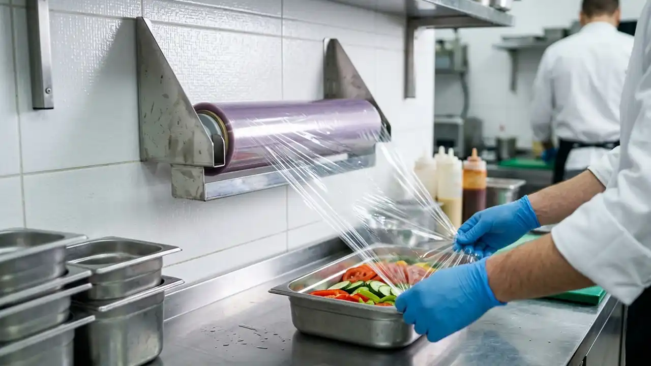 Operario manipulando un dispensador de film en acero inoxidable sobre una mesa de preparaci&oacute;n en cocina profesional.