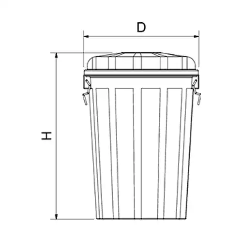 Plano técnico acotado con dimensiones de altura y diámetro del cubo de basura industrial