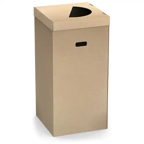 Papelera de cart&oacute;n para eventos de 130L con tapa superior y asas troqueladas
