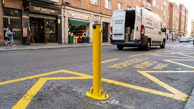 Poste cuadrado de bloqueo abatible instalado en el pavimento de una bah&iacute;a de carga log&iacute;stica