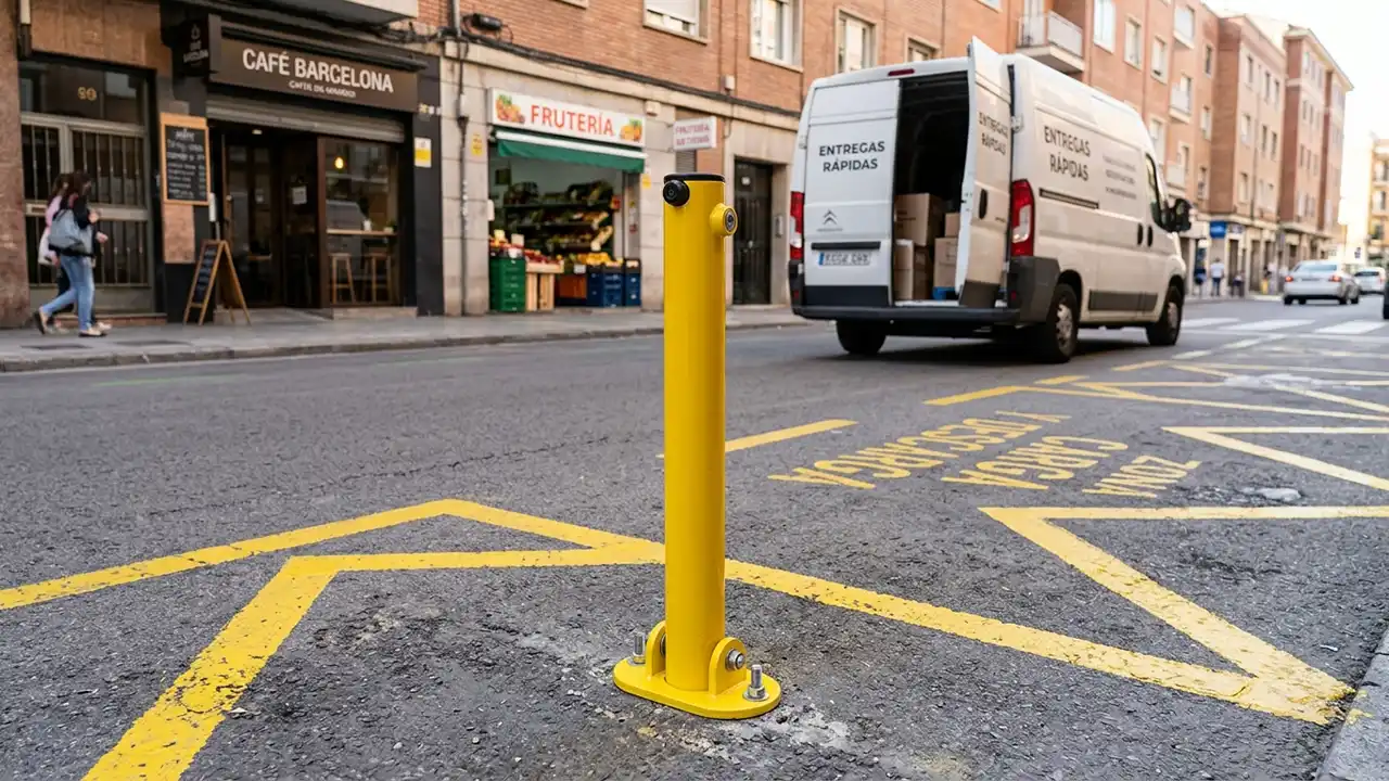 Poste cuadrado de bloqueo abatible instalado en el pavimento de una bah&iacute;a de carga log&iacute;stica