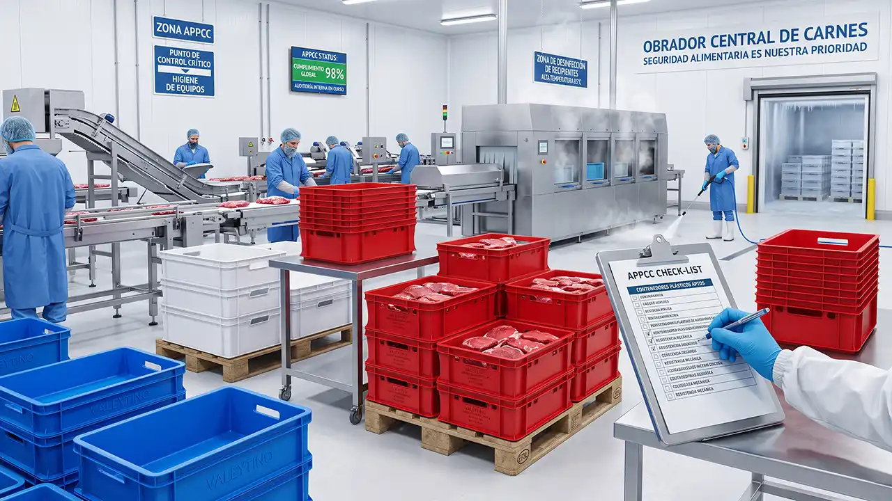 Cajones pl&aacute;sticos para carne apilados en sala de despiece cumpliendo normativa higi&eacute;nico-sanitaria APPCC