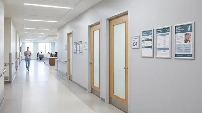 Marco de aluminio con sistema click para se&ntilde;alizaci&oacute;n m&eacute;dica y directorios en pasillo de hospital