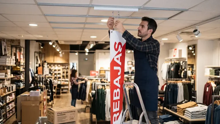 Empleado de tienda instalando carteler&iacute;a a&eacute;rea publicitaria mediante sistema de fijaci&oacute;n r&aacute;pida en techo t&eacute;cnico