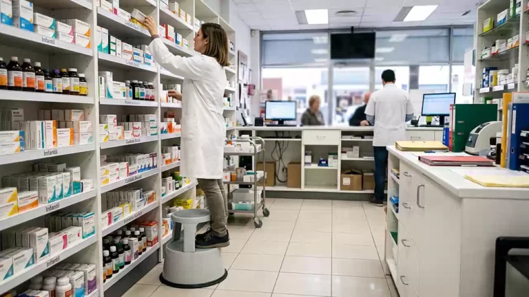 Farmac&eacute;utico utilizando un taburete con ruedas para alcanzar medicamentos en un estante alto de manera segura